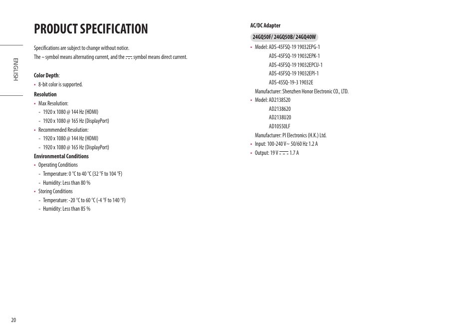 Product specification | LG UltraGear 27" Full HD 165 Hz Gaming Monitor User Manual | Page 20 / 66