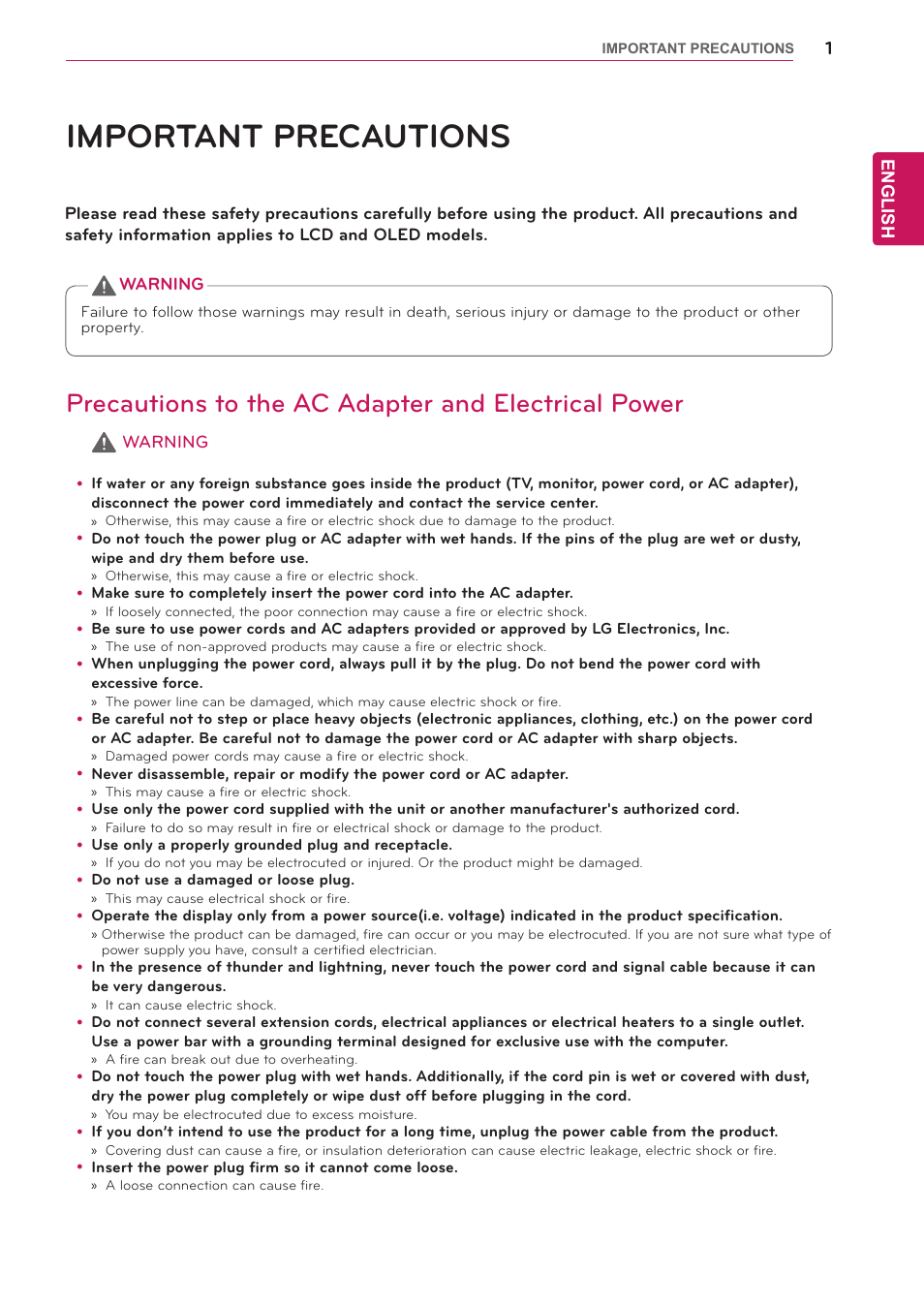 Sac37093516_00_safety_regulatory_web_us_210830, Safetyprecautions, English | Important precautions, Precautions to the ac adapter and electrical power | LG UltraGear 27" Full HD 165 Hz Gaming Monitor User Manual | Page 28 / 66