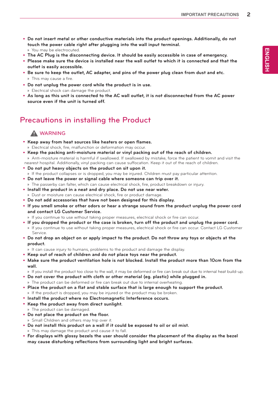 Precautions in installing the product | LG UltraGear 27" Full HD 165 Hz Gaming Monitor User Manual | Page 29 / 66