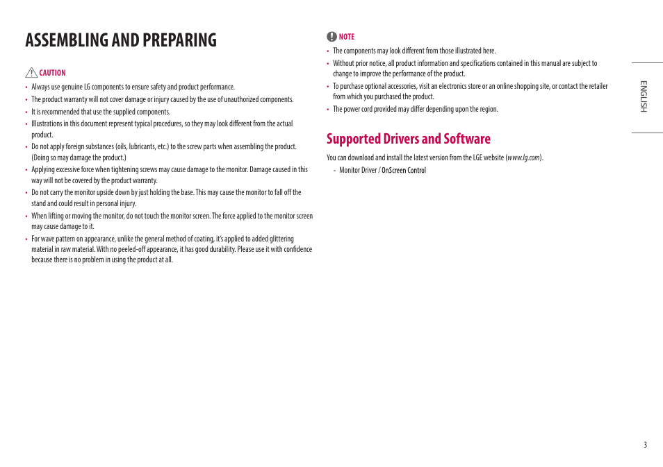 Assembling and preparing, Supported drivers and software | LG UltraGear 27" Full HD 165 Hz Gaming Monitor User Manual | Page 3 / 66