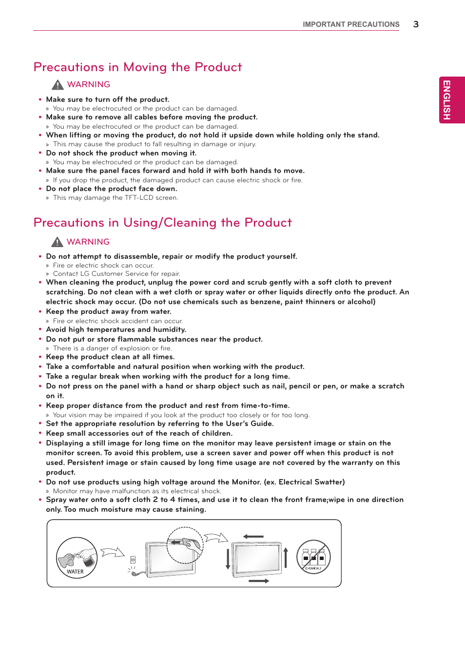 Precautions in using/cleaning the product, Precautions in moving the product | LG UltraGear 27" Full HD 165 Hz Gaming Monitor User Manual | Page 30 / 66
