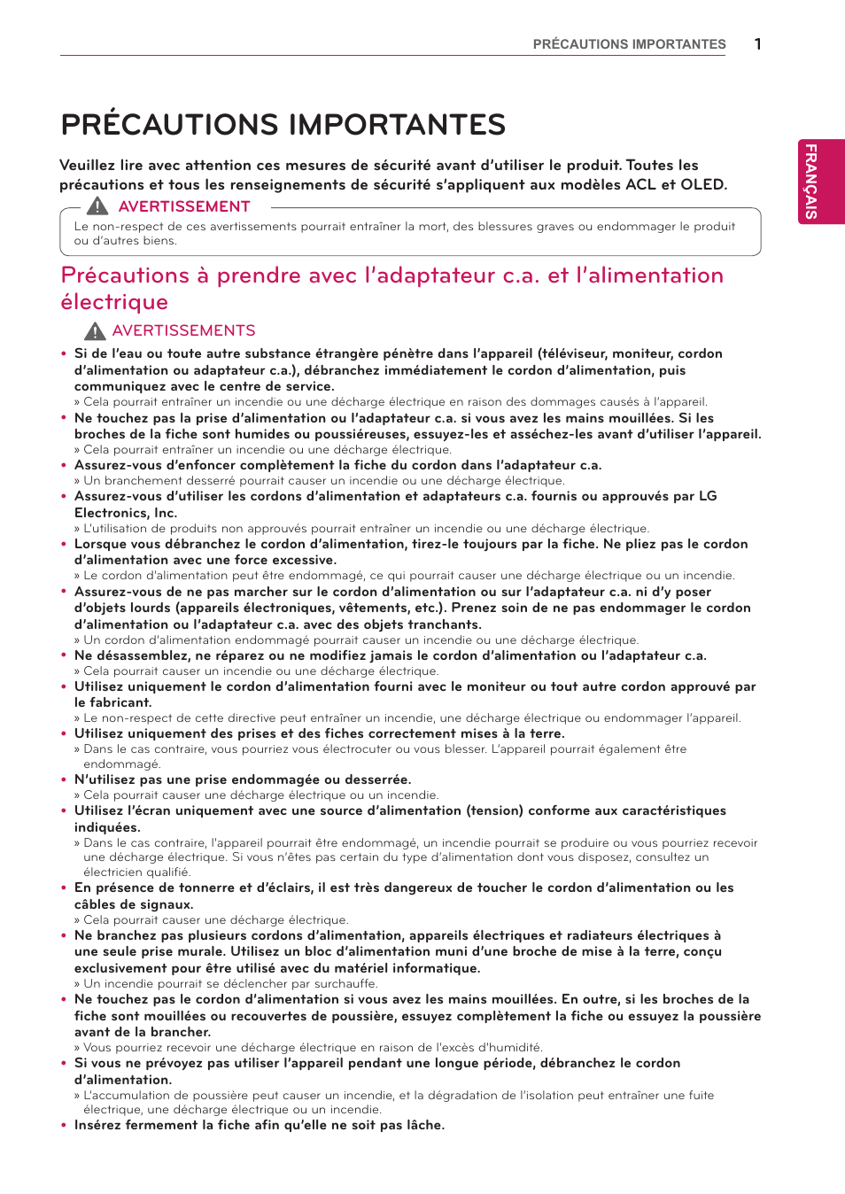 Français (french), Précautions importantes | LG UltraGear 27" Full HD 165 Hz Gaming Monitor User Manual | Page 31 / 66