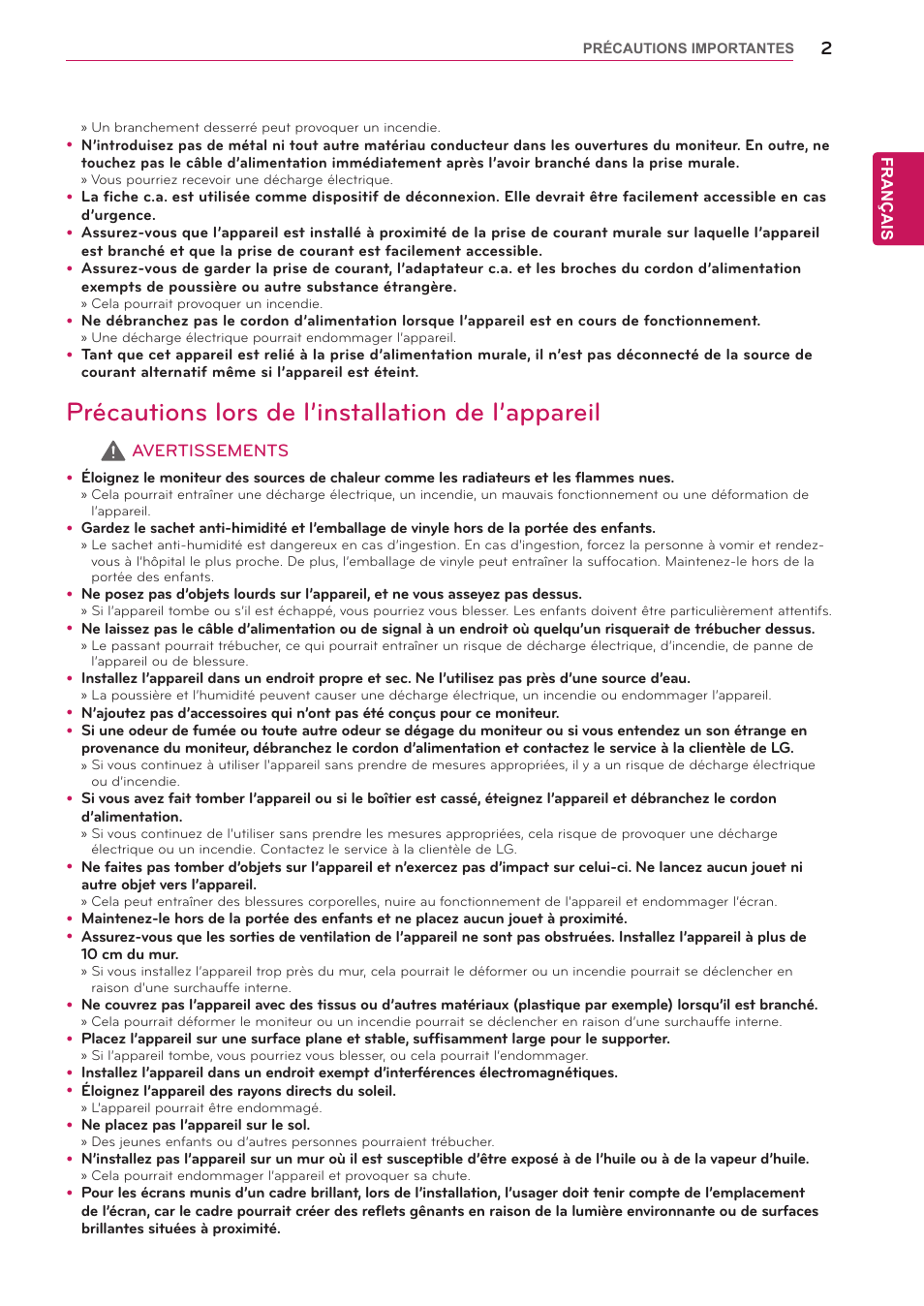 Précautions lors de l’installation de l’appareil | LG UltraGear 27" Full HD 165 Hz Gaming Monitor User Manual | Page 32 / 66