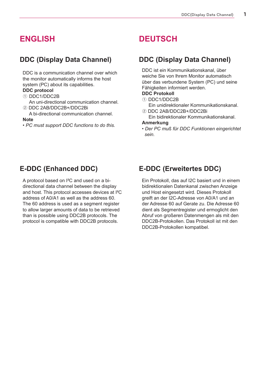 Ddc(display data channel), English, Deutsch | Ddc (display data channel) e-ddc (enhanced ddc), Ddc (display data channel), E-ddc (erweitertes ddc) | LG UltraGear 27" Full HD 165 Hz Gaming Monitor User Manual | Page 34 / 66