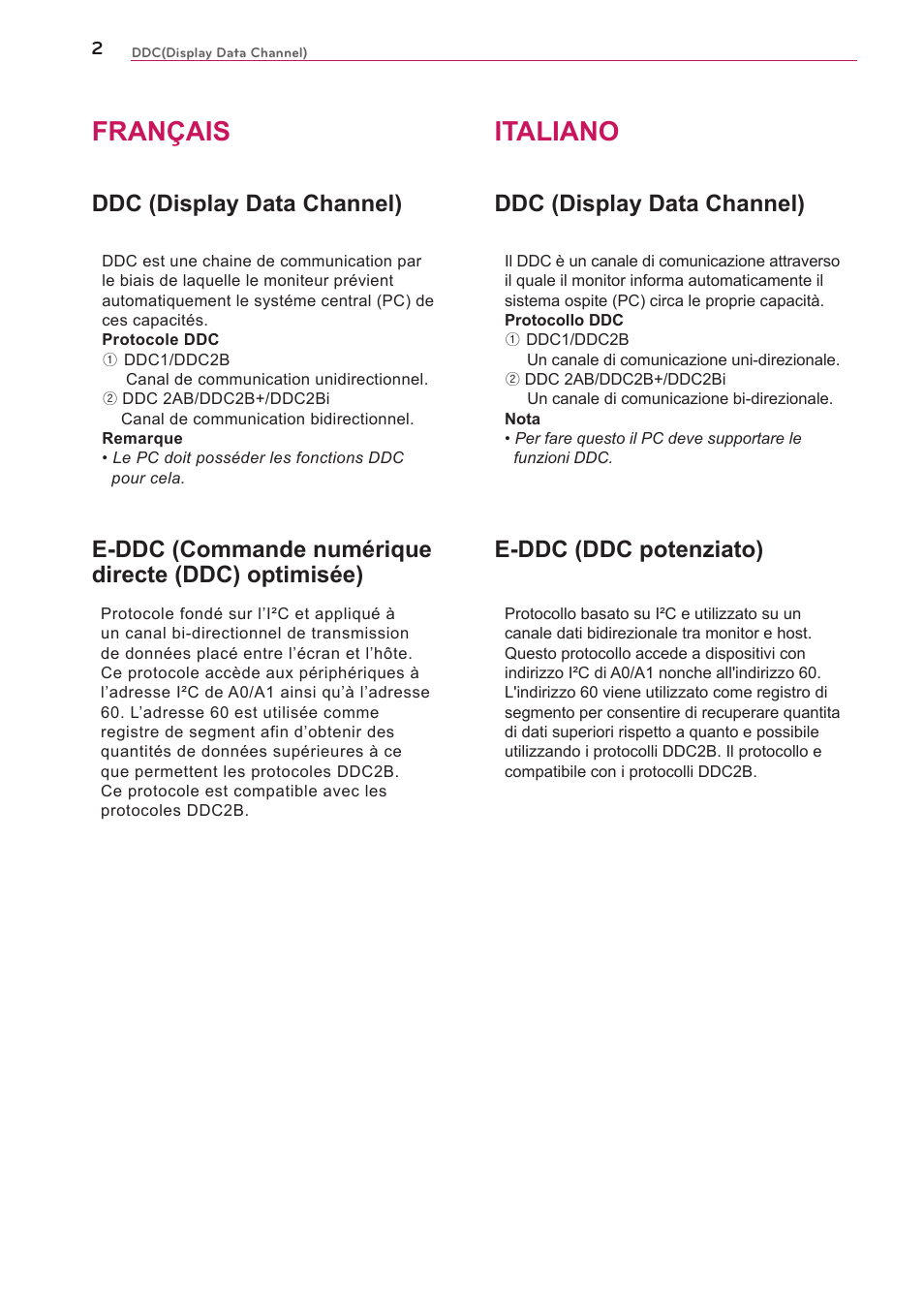 Français, Italiano, Ddc (display data channel) | E-ddc (ddc potenziato) | LG UltraGear 27" Full HD 165 Hz Gaming Monitor User Manual | Page 35 / 66
