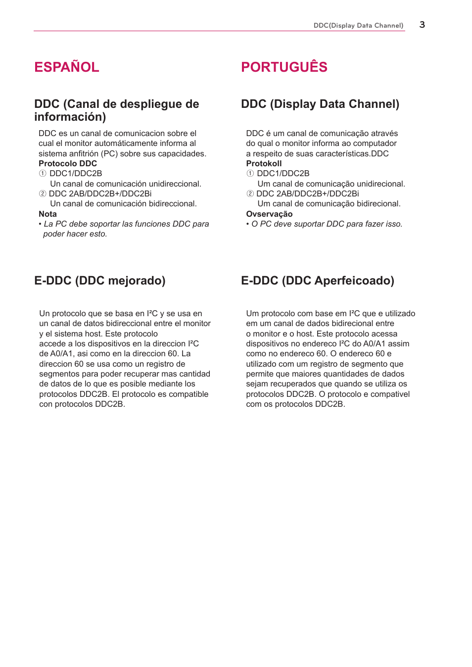Español, Português, Ddc (display data channel) | E-ddc (ddc aperfeicoado) | LG UltraGear 27" Full HD 165 Hz Gaming Monitor User Manual | Page 36 / 66