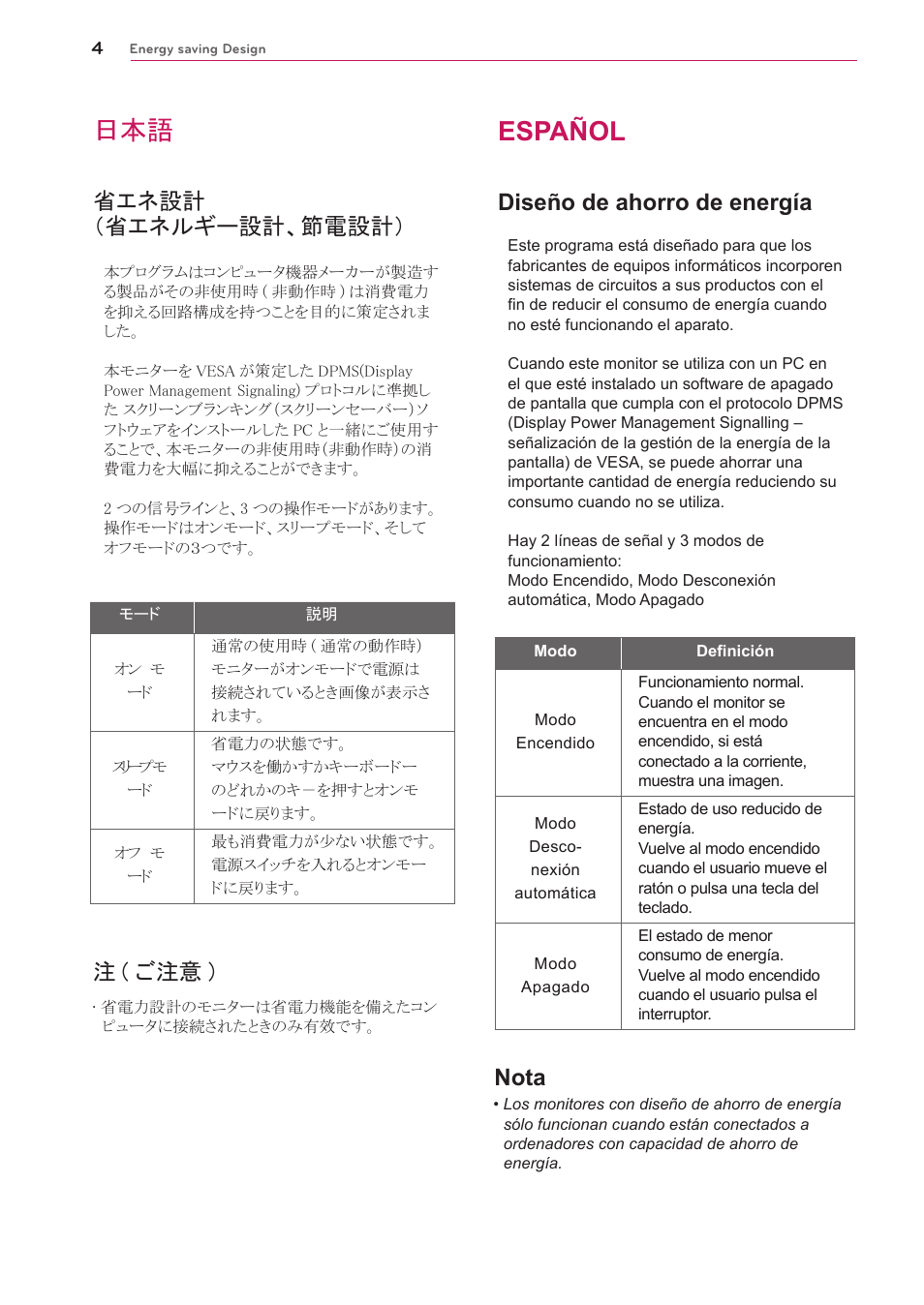Español, 省エネ設計 （省エネルギー設計、節電設計, 注 ( ご注意 ) | Diseño de ahorro de energía, Nota | LG UltraGear 27" Full HD 165 Hz Gaming Monitor User Manual | Page 43 / 66
