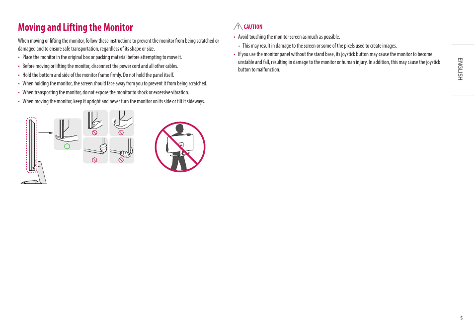 Moving and lifting the monitor | LG UltraGear 27" Full HD 165 Hz Gaming Monitor User Manual | Page 5 / 66