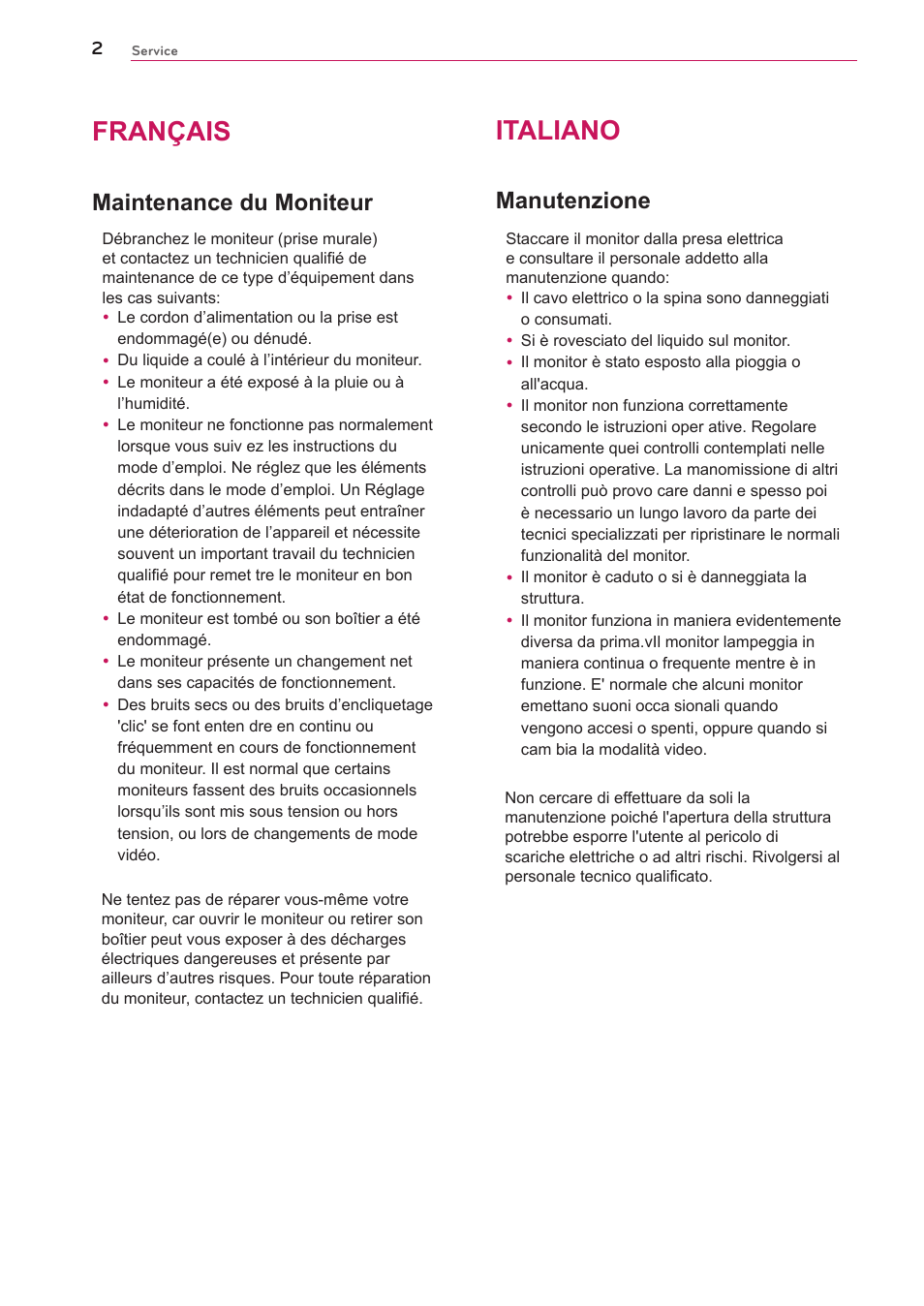 Français, Italiano, Français italiano | Maintenance du moniteur manutenzione | LG UltraGear 27" Full HD 165 Hz Gaming Monitor User Manual | Page 50 / 66