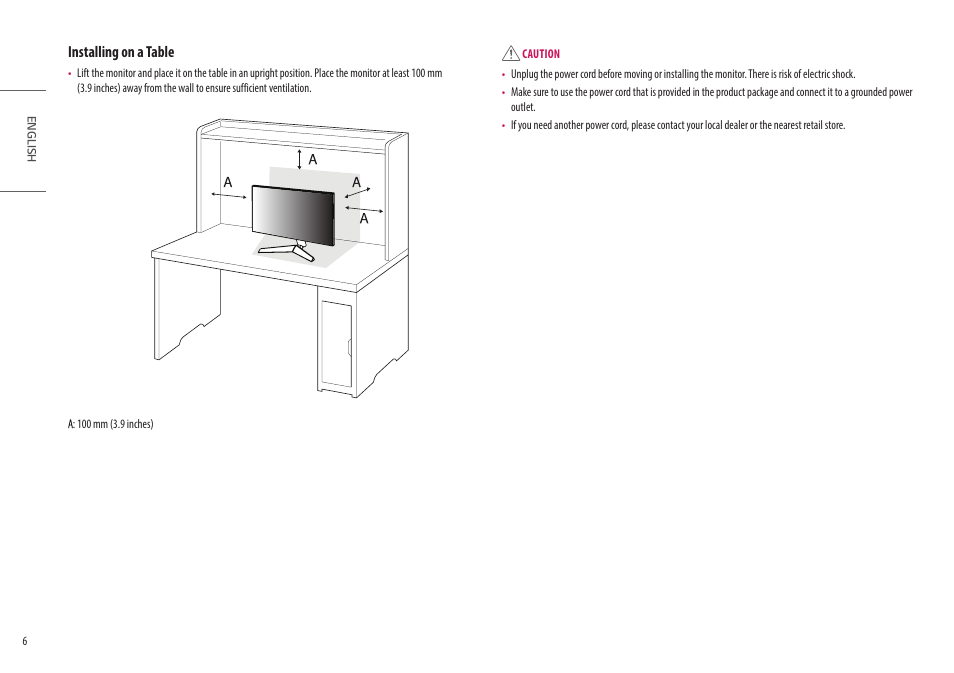 Installing on a table | LG UltraGear 27" Full HD 165 Hz Gaming Monitor User Manual | Page 6 / 66