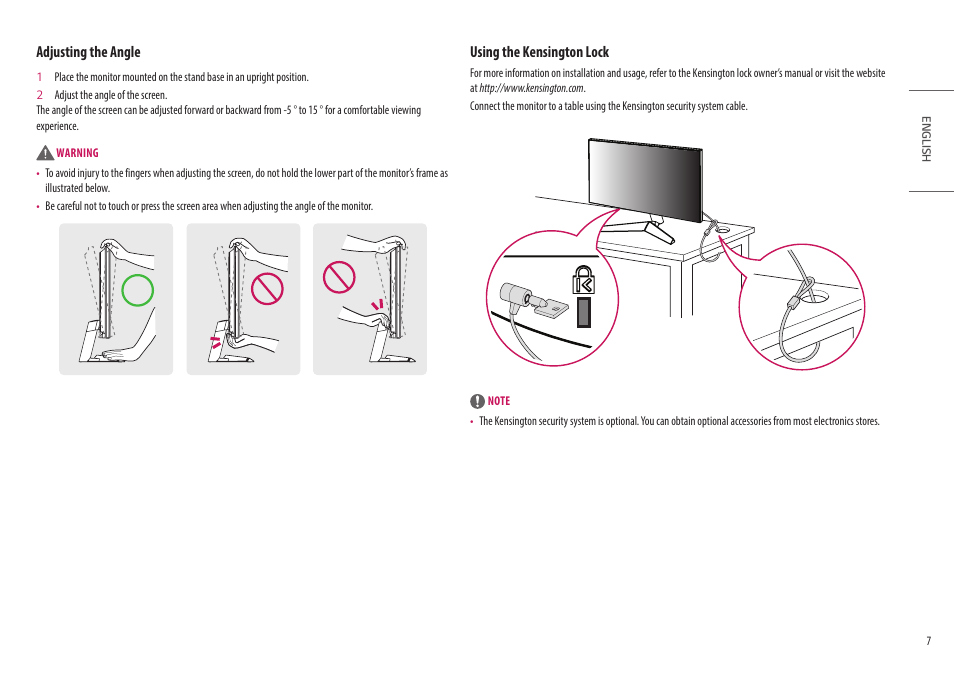 Adjusting the angle, Using the kensington lock | LG UltraGear 27" Full HD 165 Hz Gaming Monitor User Manual | Page 7 / 66