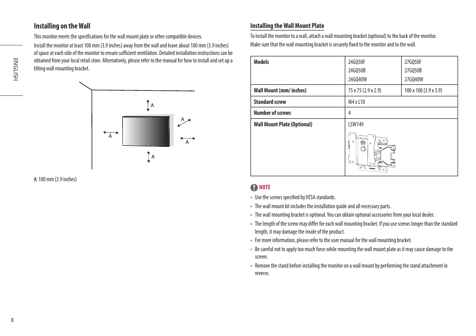 Installing on the wall | LG UltraGear 27" Full HD 165 Hz Gaming Monitor User Manual | Page 8 / 66