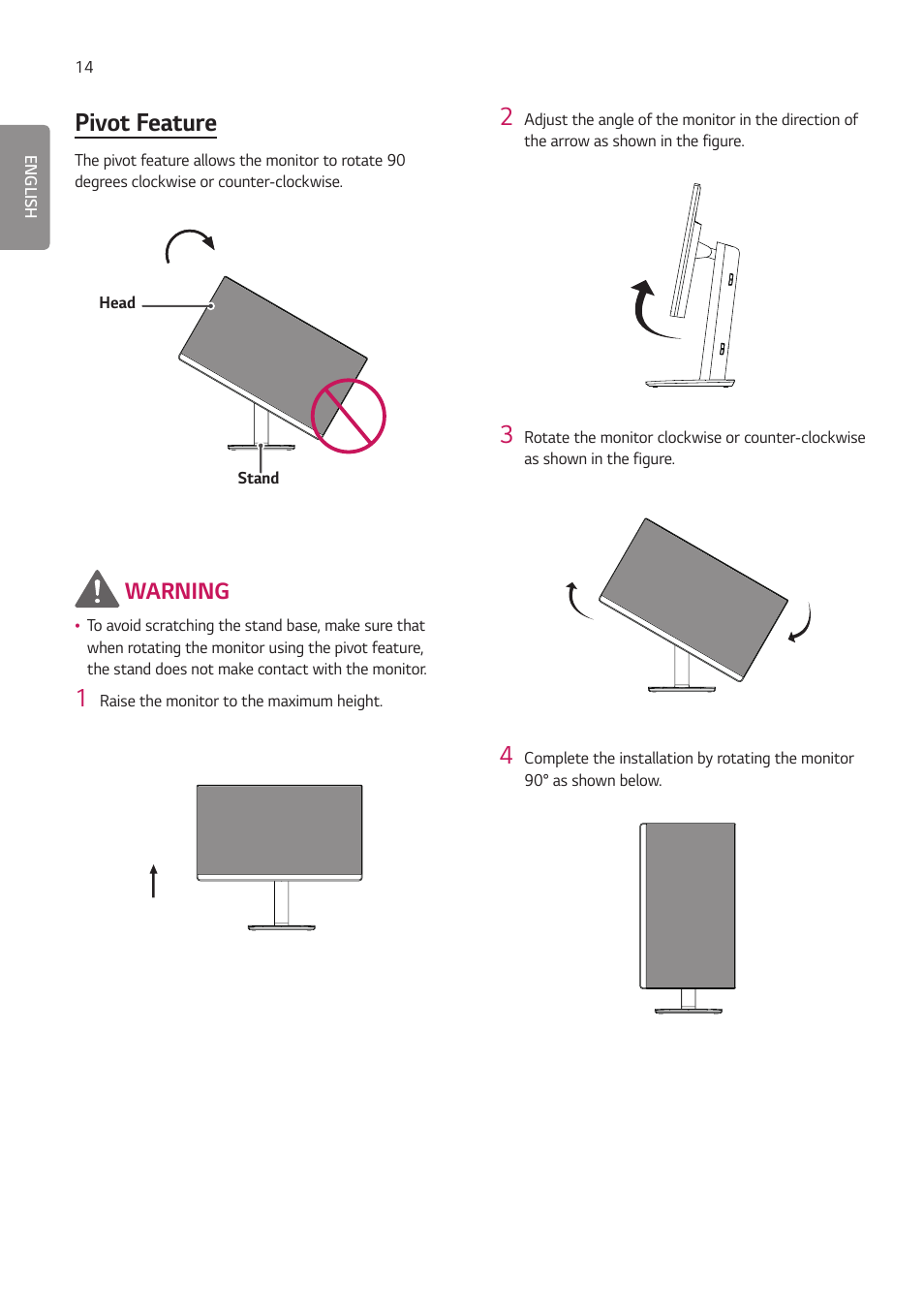 Pivot feature, Warning | LG 27HJ713C-B 27" 16:9 8MP IPS Clinical Review Monitor User Manual | Page 14 / 43