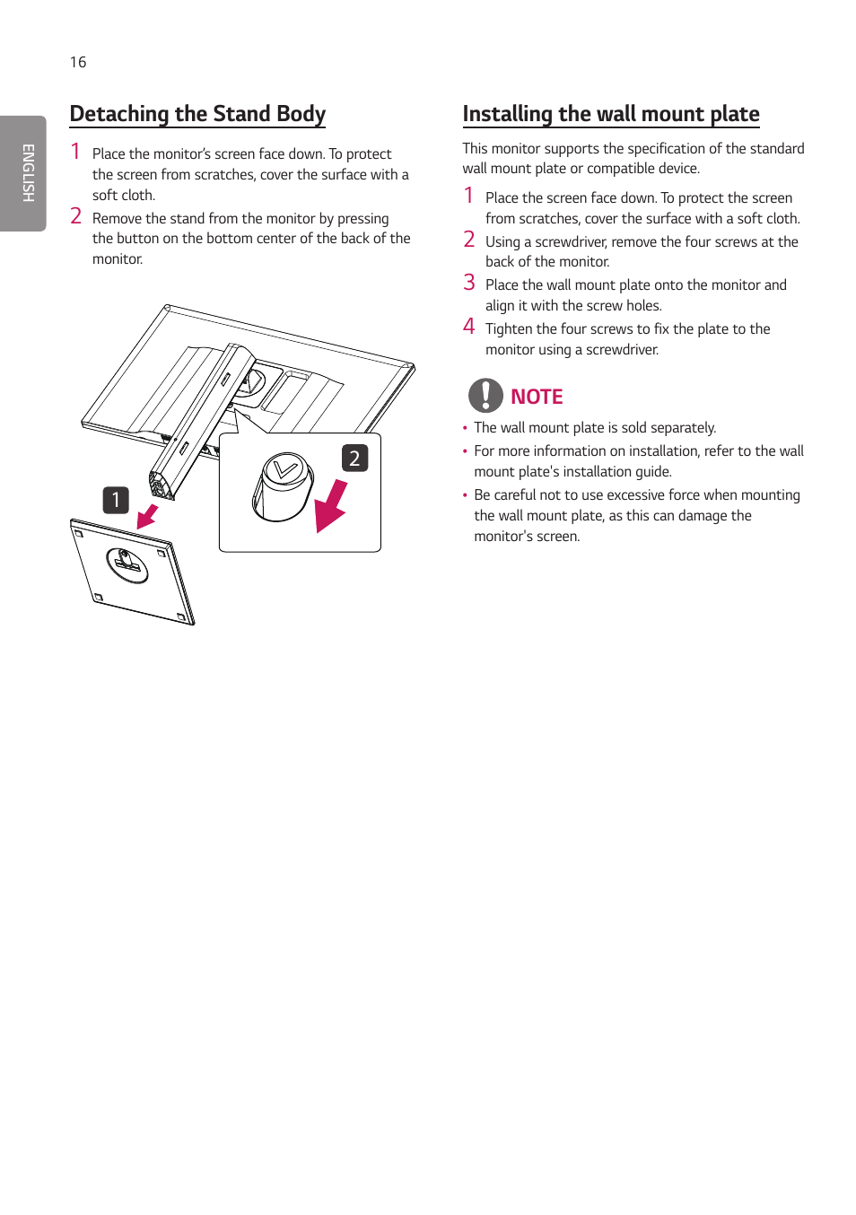 Detaching the stand body 1, Installing the wall mount plate | LG 27HJ713C-B 27" 16:9 8MP IPS Clinical Review Monitor User Manual | Page 16 / 43