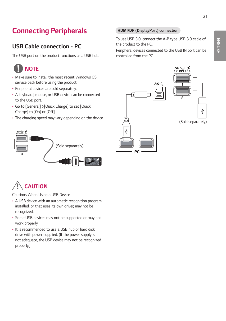 Connecting peripherals, Usb cable connection - pc, Caution | LG 27HJ713C-B 27" 16:9 8MP IPS Clinical Review Monitor User Manual | Page 21 / 43