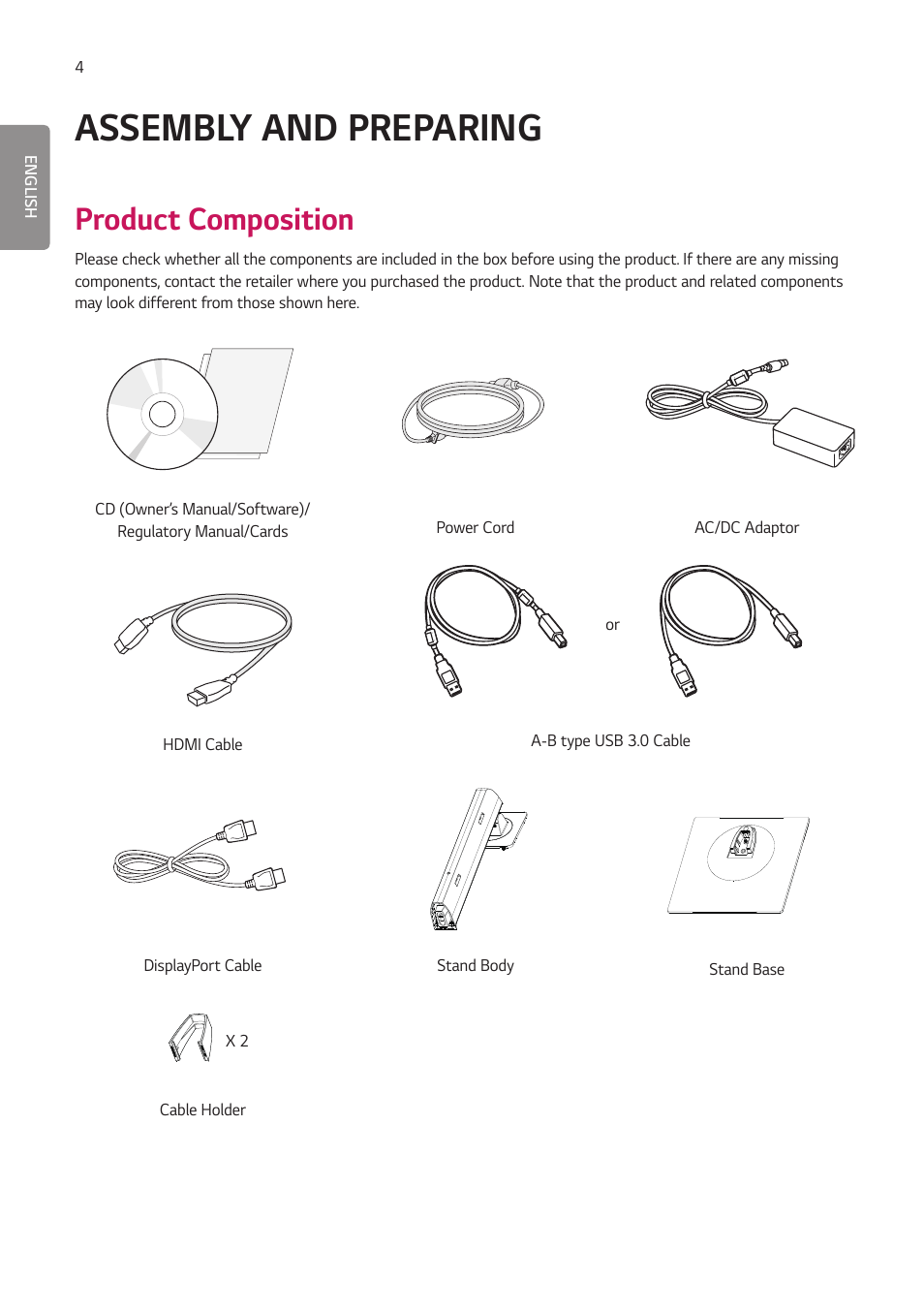 Assembly and preparing, Product composition | LG 27HJ713C-B 27" 16:9 8MP IPS Clinical Review Monitor User Manual | Page 4 / 43