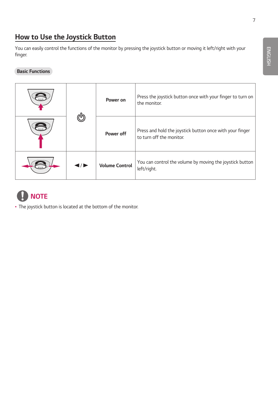 How to use the joystick button | LG 27HJ713C-B 27" 16:9 8MP IPS Clinical Review Monitor User Manual | Page 7 / 43