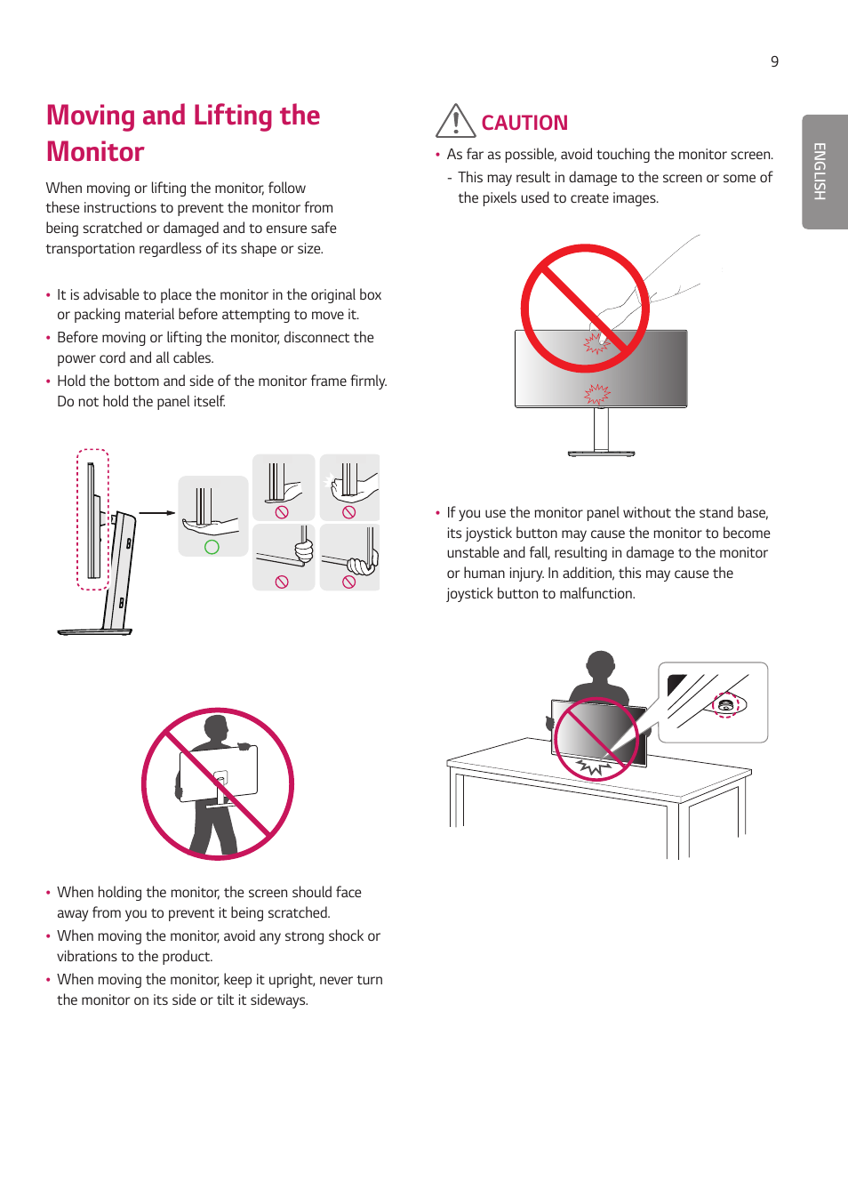 Moving and lifting the monitor, Caution | LG 27HJ713C-B 27" 16:9 8MP IPS Clinical Review Monitor User Manual | Page 9 / 43