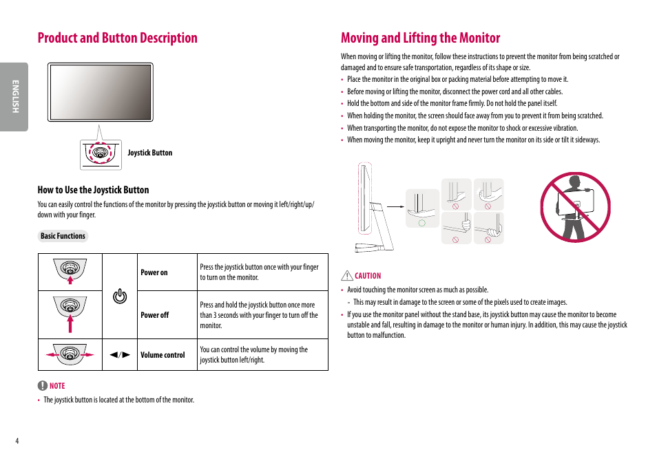 Product and button description, Moving and lifting the monitor, How to use the joystick button | LG 27QN600-B 27" 16:9 FreeSync QHD IPS Monitor User Manual | Page 4 / 29