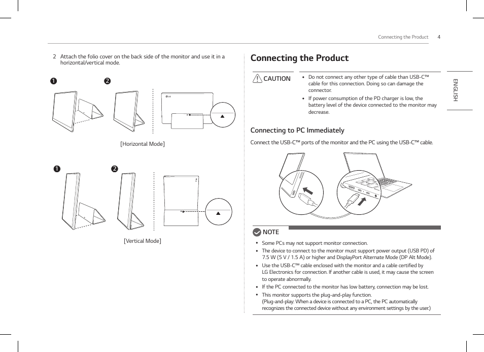 Connecting the product | LG gram +view 16" QHD+ Portable Monitor (Silver) User Manual | Page 5 / 12