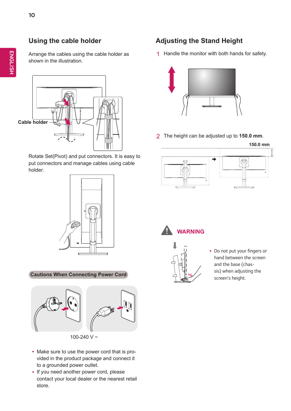 Using the cable holder, Adjusting the stand height, Using the cable holder adjusting the stand height | LG 24BK750Y-B 24" 16:9 IPS Monitor User Manual | Page 11 / 29