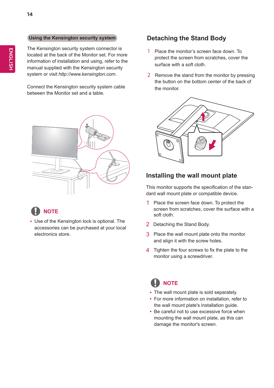 Detaching the stand body, Installing the wall mount plate | LG 24BK750Y-B 24" 16:9 IPS Monitor User Manual | Page 15 / 29