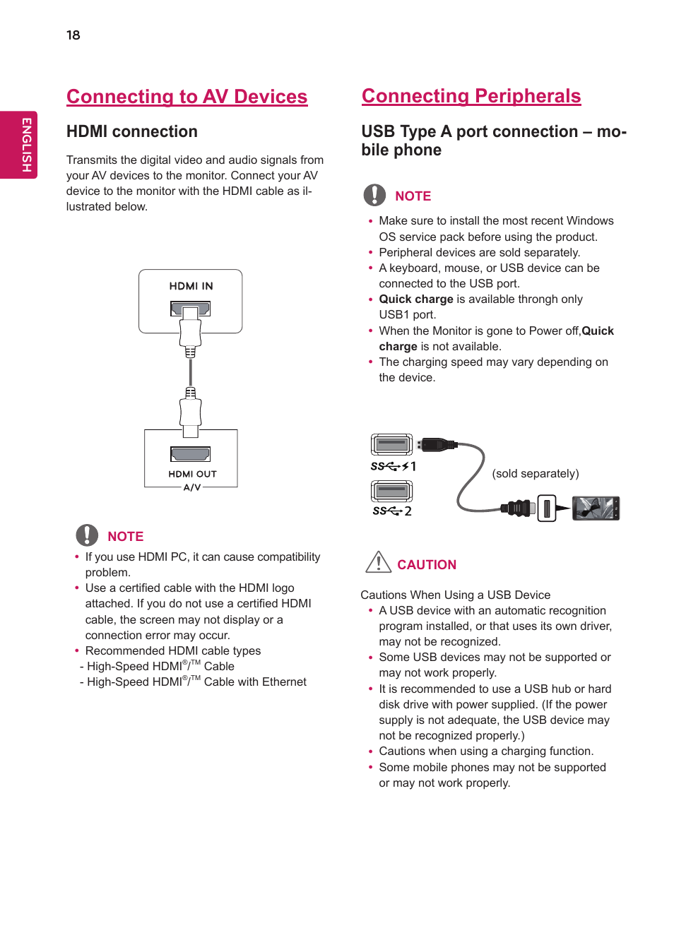Connecting to av devices, Connecting peripherals, Hdmi connection | Usb type a port connection – mo- bile phone | LG 24BK750Y-B 24" 16:9 IPS Monitor User Manual | Page 19 / 29