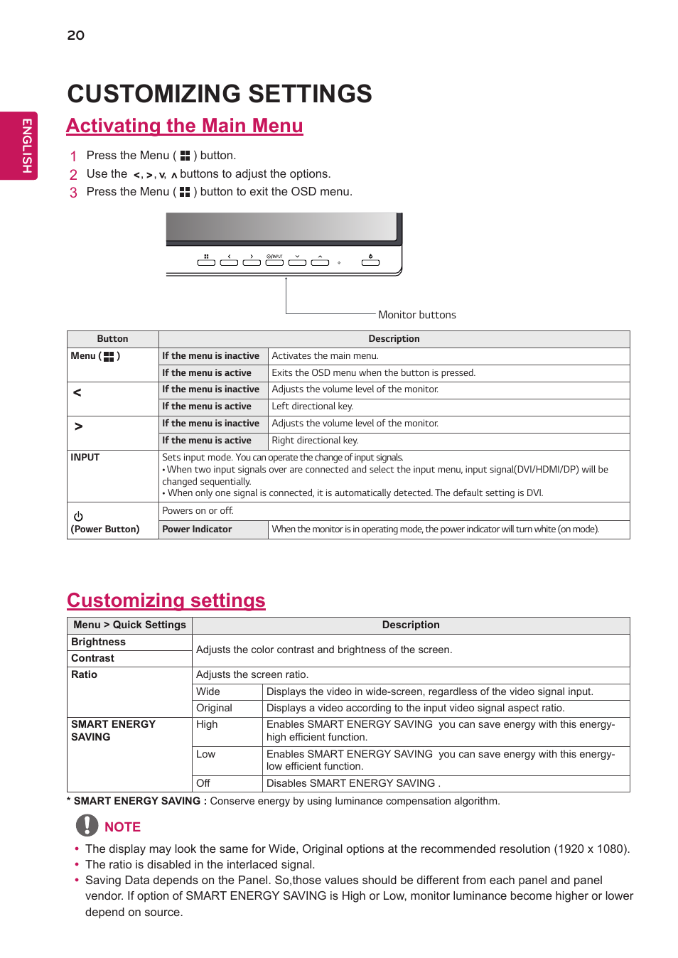 Customizing settings, Activating the main menu | LG 24BK750Y-B 24" 16:9 IPS Monitor User Manual | Page 21 / 29