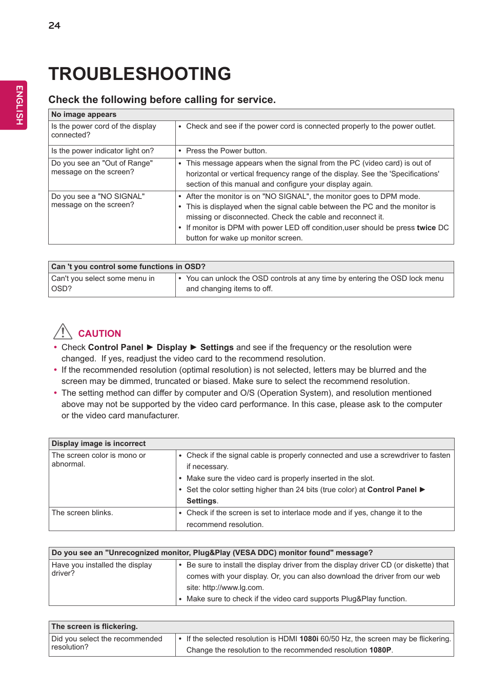 Troubleshooting, Check the following before calling for service | LG 24BK750Y-B 24" 16:9 IPS Monitor User Manual | Page 25 / 29