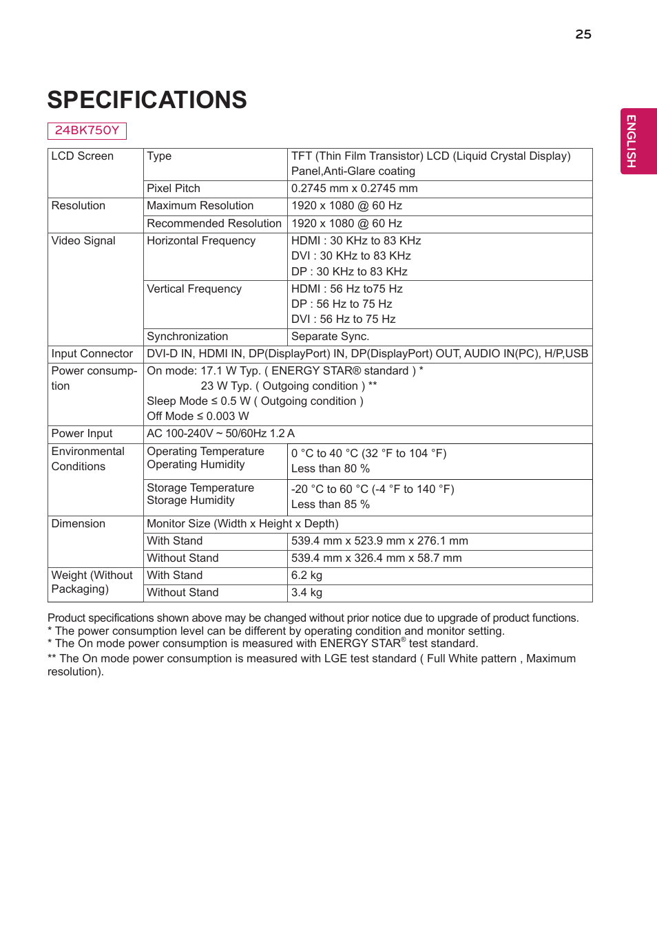 Specifications | LG 24BK750Y-B 24" 16:9 IPS Monitor User Manual | Page 26 / 29