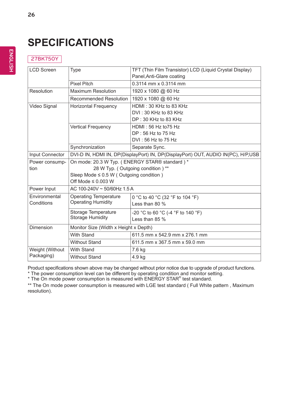 Specifications | LG 24BK750Y-B 24" 16:9 IPS Monitor User Manual | Page 27 / 29