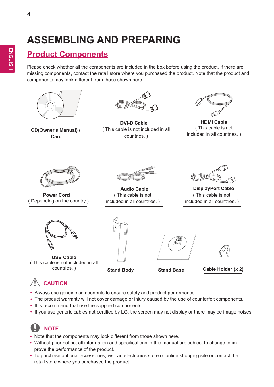 Assembling and preparing, Product components | LG 24BK750Y-B 24" 16:9 IPS Monitor User Manual | Page 5 / 29