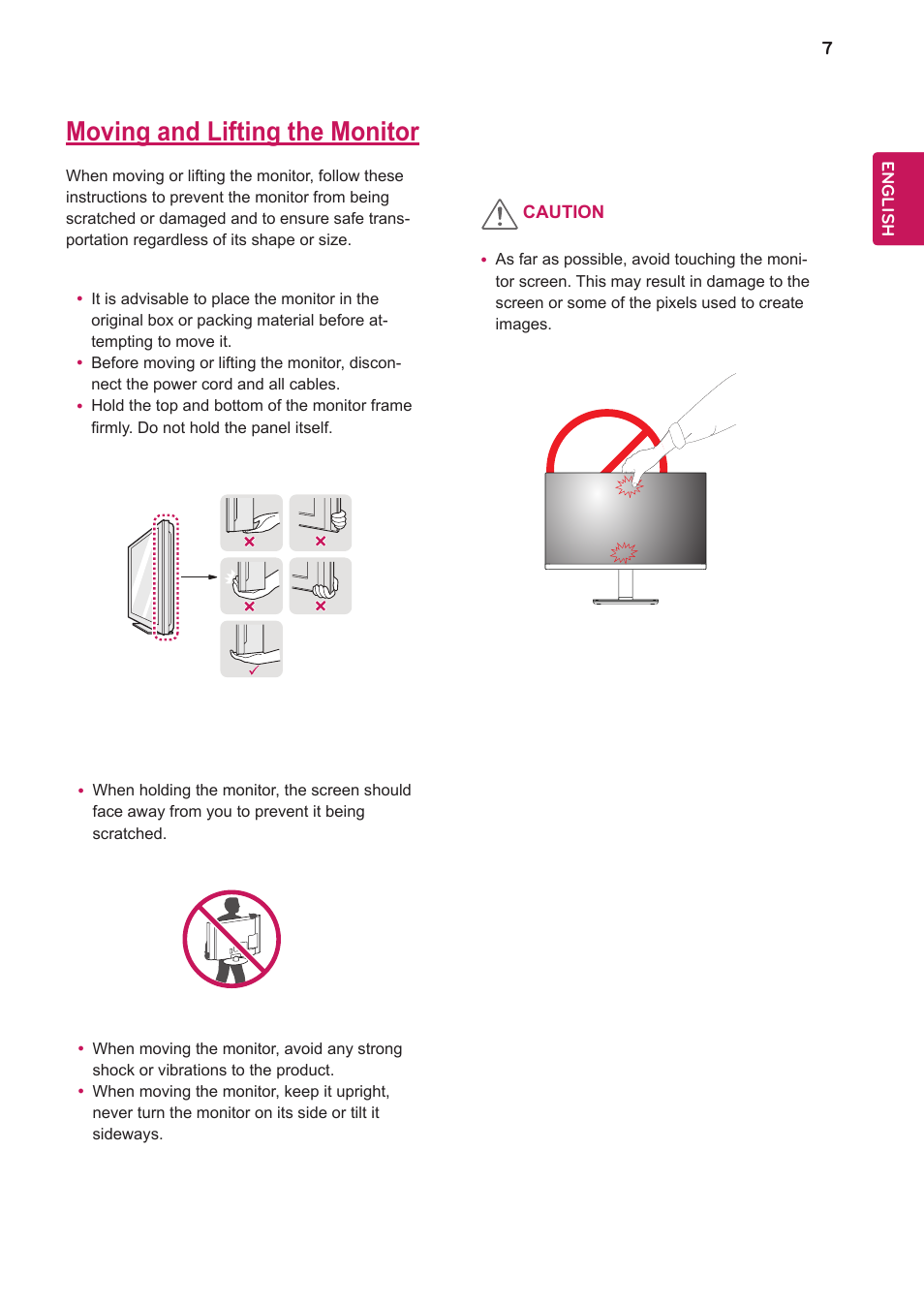 Moving and lifting the monitor | LG 24BK750Y-B 24" 16:9 IPS Monitor User Manual | Page 8 / 29