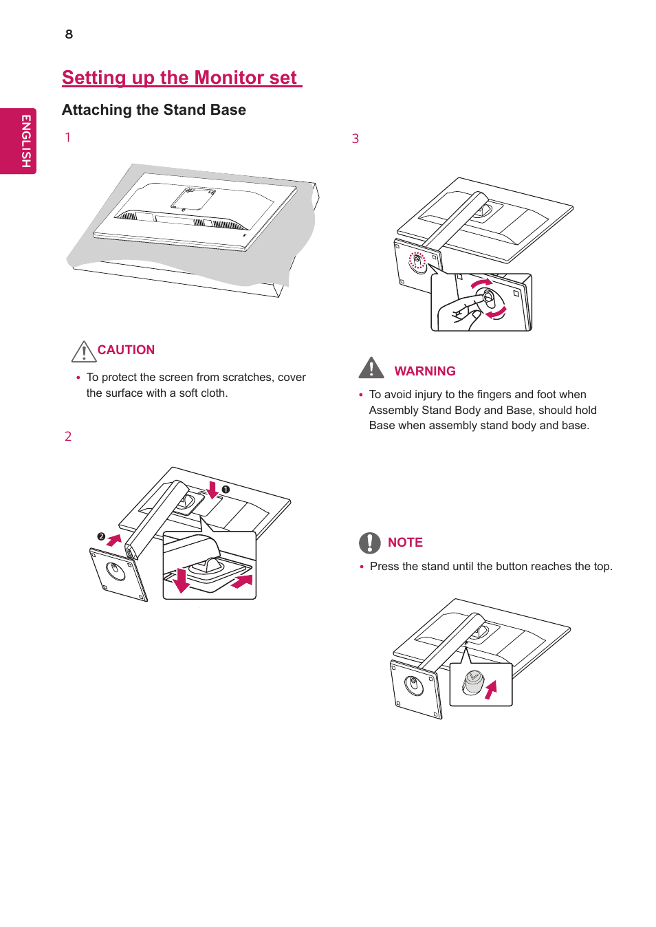 Setting up the monitor set, Attaching the stand base | LG 24BK750Y-B 24" 16:9 IPS Monitor User Manual | Page 9 / 29