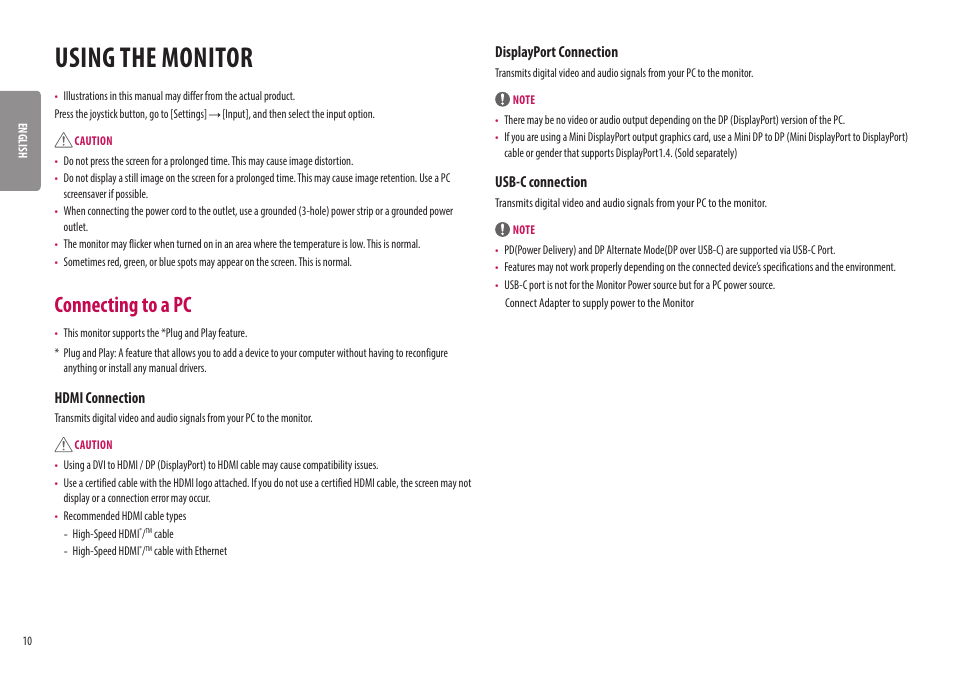 Using the monitor, Connecting to a pc, Hdmi connection | Displayport connection, Usb-c connection | LG 32UQ750-W 31.5" 4K HDR 144 Hz Gaming Monitor User Manual | Page 10 / 32