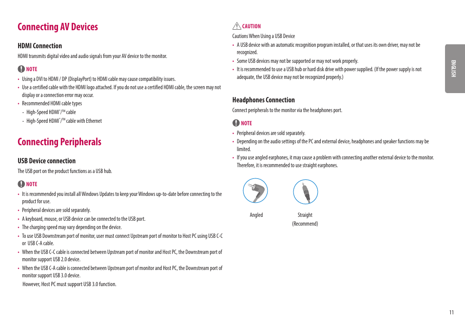Connecting av devices, Connecting peripherals, Hdmi connection | Usb device connection, Headphones connection | LG 32UQ750-W 31.5" 4K HDR 144 Hz Gaming Monitor User Manual | Page 11 / 32