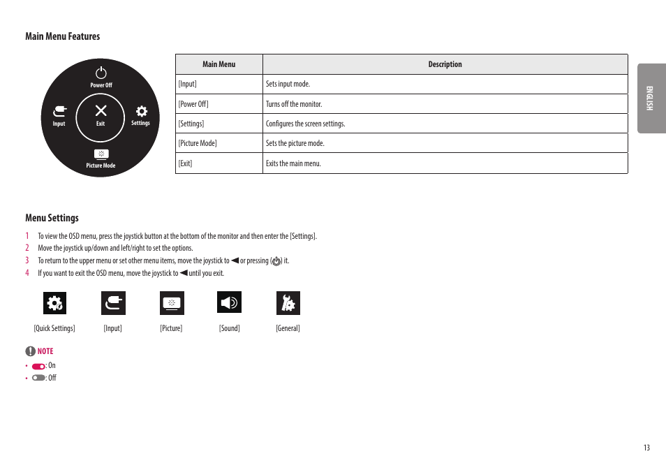 Main menu features, Menu settings | LG 32UQ750-W 31.5" 4K HDR 144 Hz Gaming Monitor User Manual | Page 13 / 32