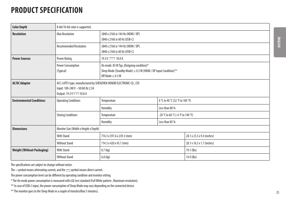 Product specification | LG 32UQ750-W 31.5" 4K HDR 144 Hz Gaming Monitor User Manual | Page 25 / 32