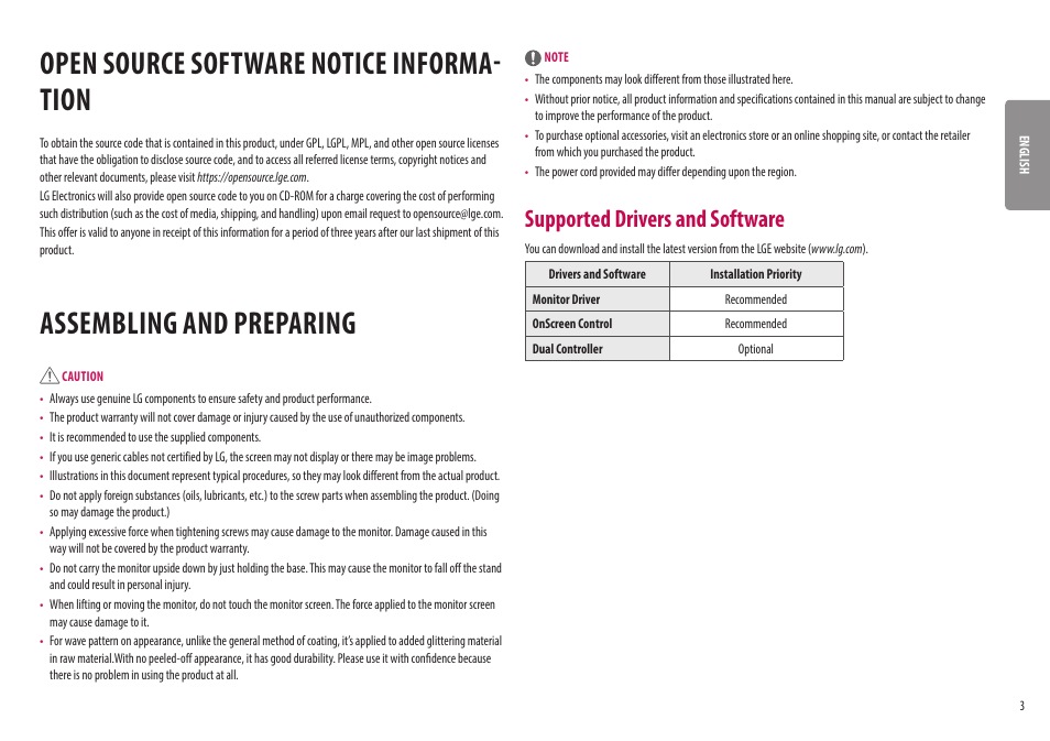 Open source software notice information, Assembling and preparing, Open source software notice | Information, Open source software notice informa- tion, Supported drivers and software | LG 32UQ750-W 31.5" 4K HDR 144 Hz Gaming Monitor User Manual | Page 3 / 32