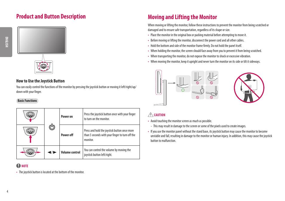 Product and button description, Moving and lifting the monitor, How to use the joystick button | LG 32UQ750-W 31.5" 4K HDR 144 Hz Gaming Monitor User Manual | Page 4 / 32