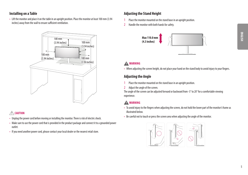 Installing on a table, Adjusting the stand height, Adjusting the angle | LG 32UQ750-W 31.5" 4K HDR 144 Hz Gaming Monitor User Manual | Page 5 / 32