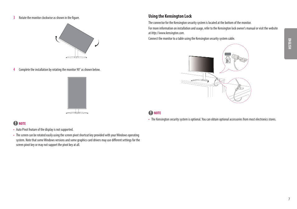 Using the kensington lock | LG 32UQ750-W 31.5" 4K HDR 144 Hz Gaming Monitor User Manual | Page 7 / 32