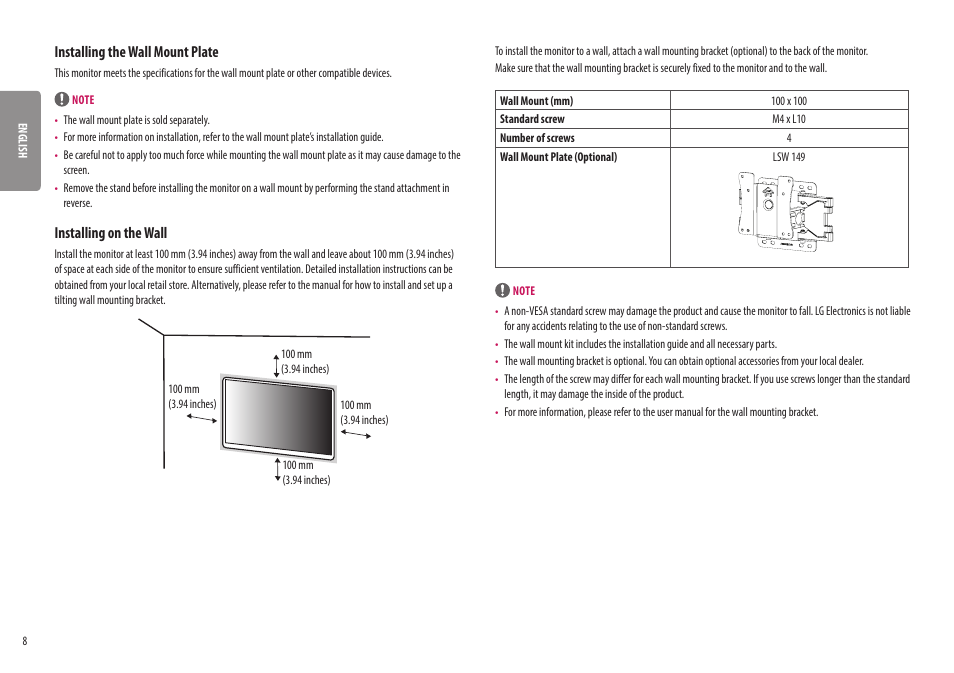Installing the wall mount plate, Installing on the wall | LG 32UQ750-W 31.5" 4K HDR 144 Hz Gaming Monitor User Manual | Page 8 / 32