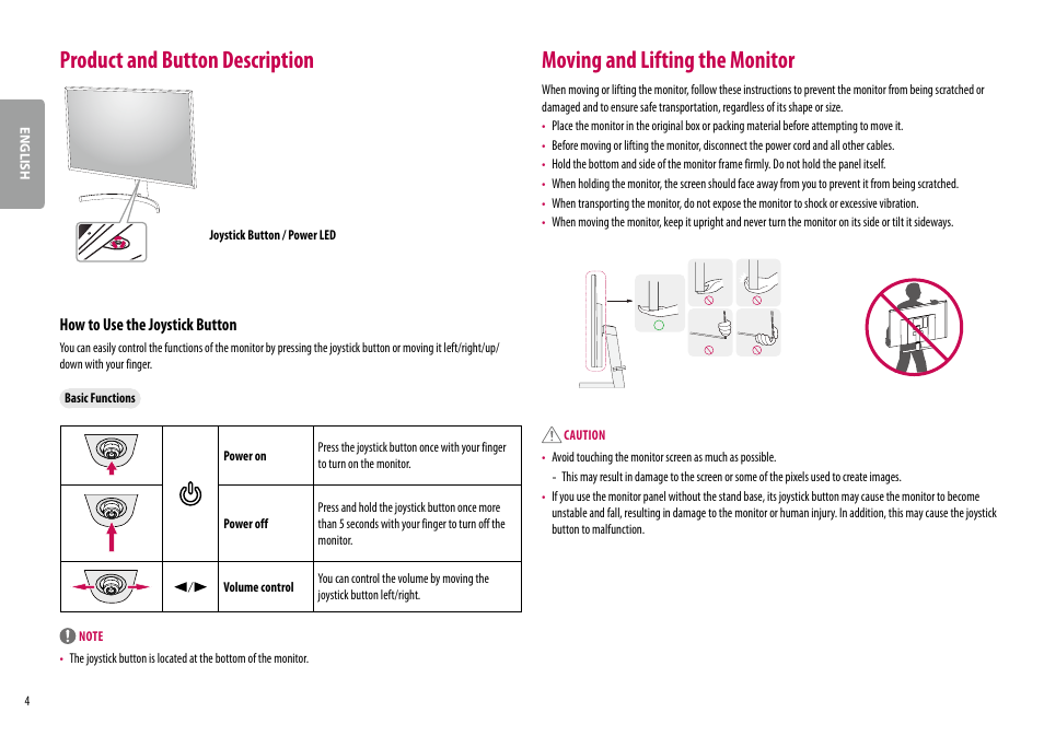 Product and button description, Moving and lifting the monitor, How to use the joystick button | LG 32UL500-W 32'' 16:9 FreeSync 4K VA Monitor User Manual | Page 4 / 27