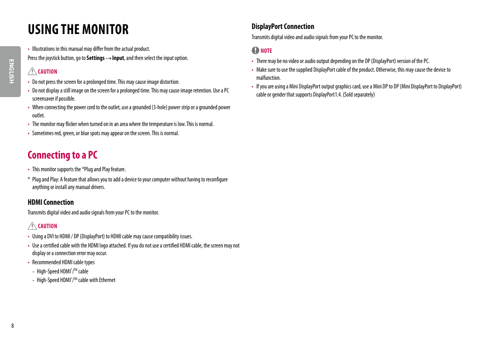 Using the monitor, Connecting to a pc, Hdmi connection | Displayport connection | LG 32UL500-W 32'' 16:9 FreeSync 4K VA Monitor User Manual | Page 8 / 27