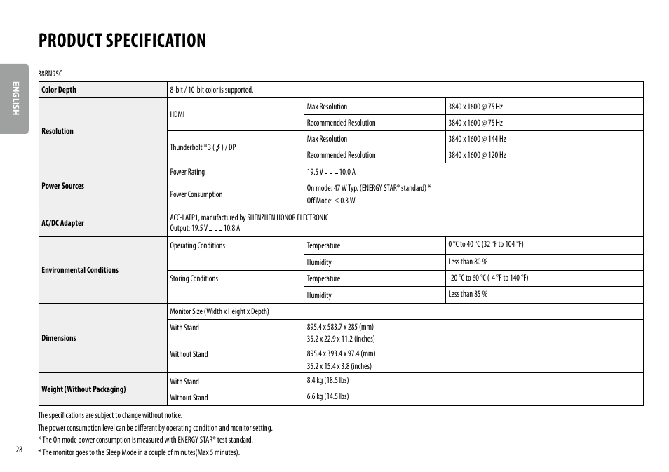 Product specification | LG 38WN95C-W 38" 21:9 UltraWide G-Sync/FreeSync QHD+ Curved IPS Monitor User Manual | Page 28 / 31