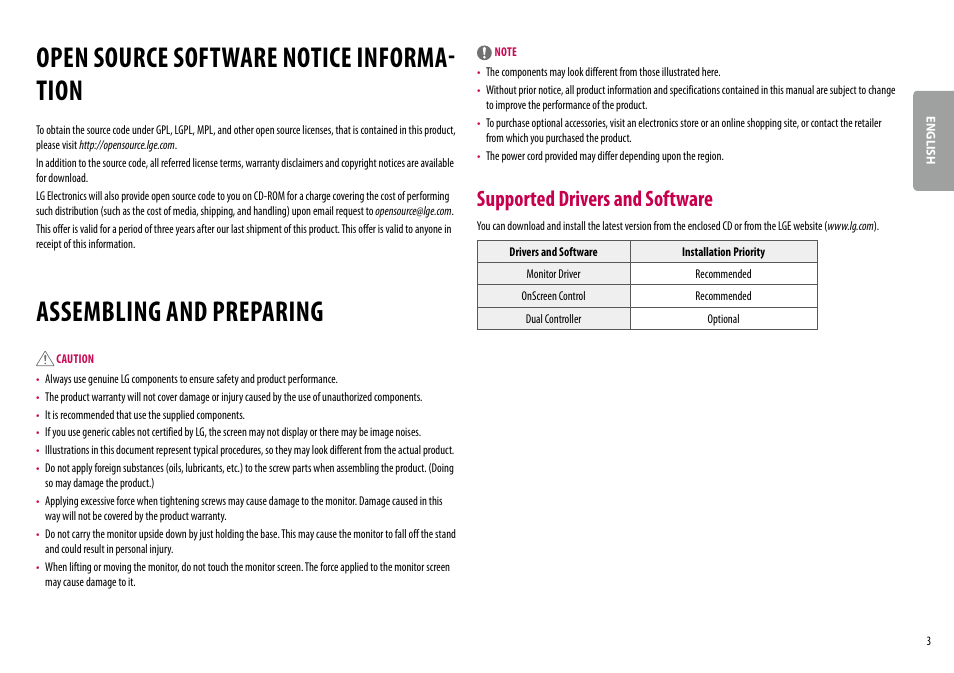 Open source software notice information, Assembling and preparing, Open source software notice | Information, Open source software notice informa- tion, Supported drivers and software | LG 38WN95C-W 38" 21:9 UltraWide G-Sync/FreeSync QHD+ Curved IPS Monitor User Manual | Page 3 / 31