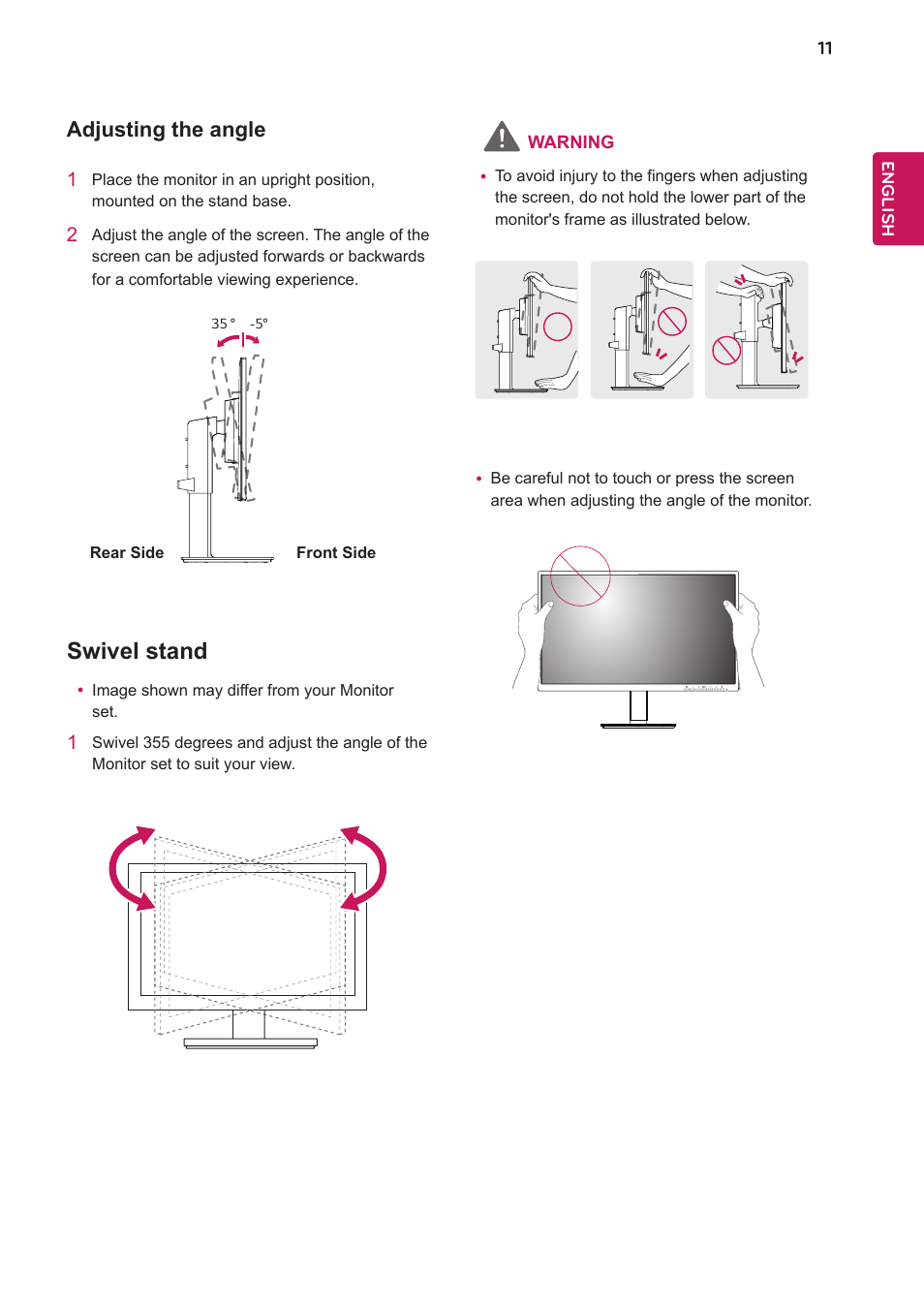 Adjusting the angle, Swivel stand, Adjusting the angle swivel stand | LG 27BK550Y-I 27" Monitor (Black) User Manual | Page 11 / 31