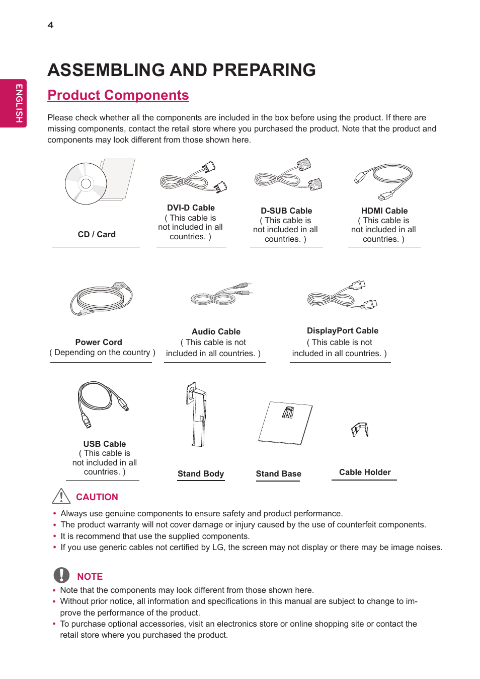 Assembling and preparing, Product components | LG 27BK550Y-I 27" Monitor (Black) User Manual | Page 4 / 31