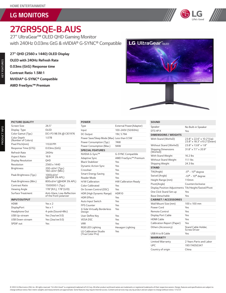 LG UltraGear 27" 1440p OLED 240Hz Gaming Monitor User Manual | 1 page